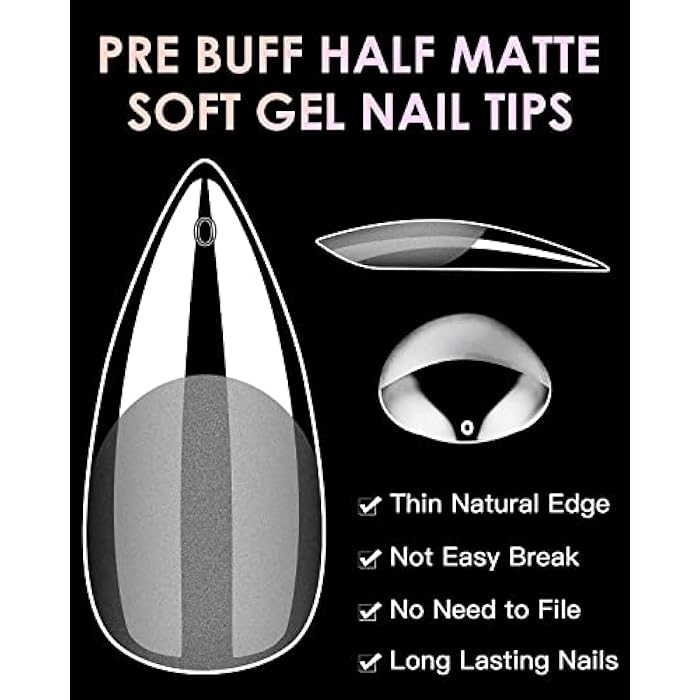 Soft Gel Nail Tips Medium Stiletto, 300PCS Pre Buff Full Cover Shaped Nail Extenison Tips Half Matte Gel Nail Tips - Image 3